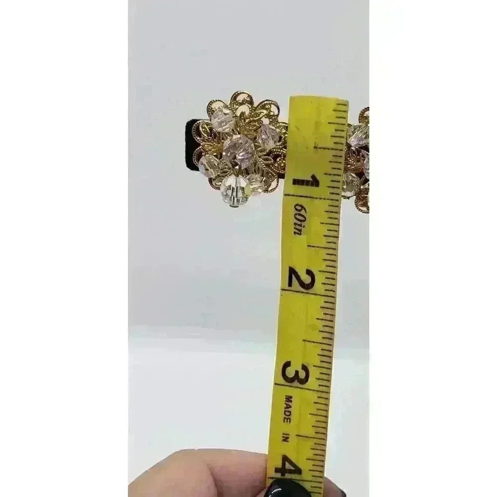 Vintage Earrings Clip Gold Filigree AB Crystal Dangle Soft Touch 1950 Fancy